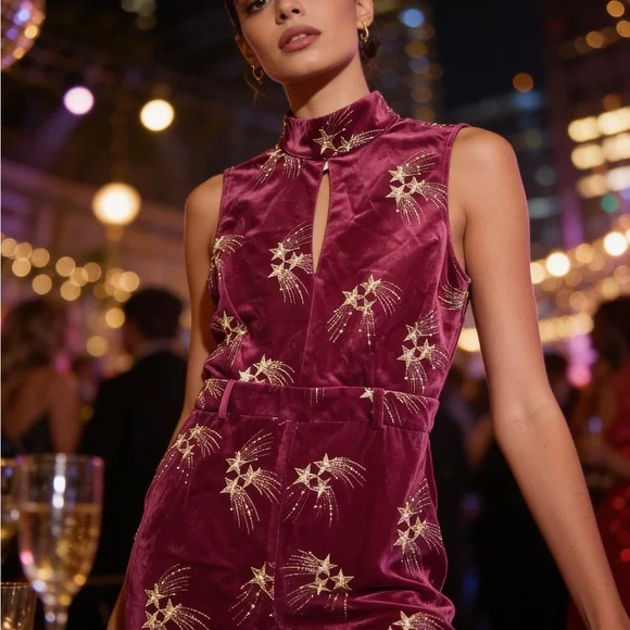 Nasty Gal Magenta Star Embroidered Sleeveless Jumpsuit NWT Size 10 - Picture 2 of 7